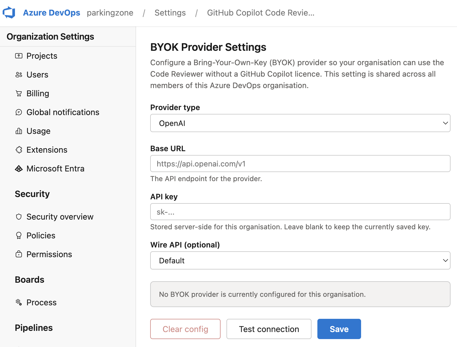 BYOK provider settings — configure Anthropic, OpenAI, Azure OpenAI, or GitHub Copilot in Organisation Settings
