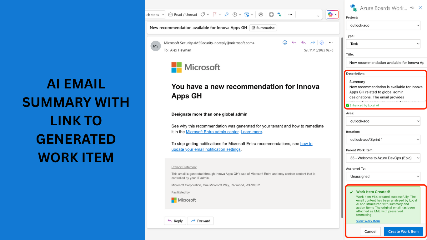 AI Email Summary with Link to Generated Work Item